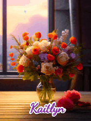 Happy Birthday Kaitlyn GIF: A vase of flowers and animated hearts pop in and out as the words Happy Birthday Name appears that you can customize