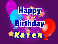 Happy Birthday Karen GIF: A lovely purple birthday gif animated with moving text, a balloon, and bubbles. Customize it.