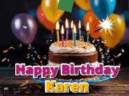 Happy Birthday Karen GIF: A birthday cake with flickering candles gif with text reading Happy Birthday and a Name slot to customize