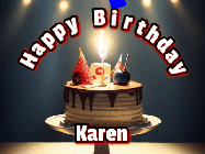 Happy Birthday Karen GIF: Animated happy birthday gif with a cake and flickering candles with colorful falling confetti and text reading Happy Birthday