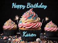 Happy Birthday Karen GIF: A delicious cupcake gif with animated sparkles reading Happy Birthday with a name to customize