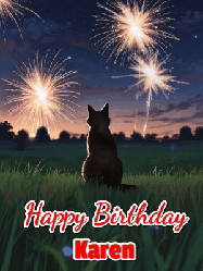 Happy Birthday Karen GIF: An animated gif at night showing the backside of a sitting cat who watches sparkle and fireworks over a meadow. Customize name and happy birthday.