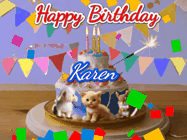 Happy Birthday Karen GIF: Happy Birthday Cake GIF with a cat, lamb, and squirrel on the cake with flickering candles, a sparkler, and falling confetti. Reads Happy Birthday Name and you can customize the name