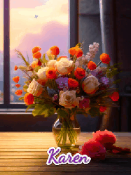 Happy Birthday Karen GIF: A vase of flowers and animated hearts pop in and out as the words Happy Birthday Name appears that you can customize