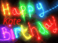 Happy Birthday Kate GIF: Flashing neon happy birthday gif with a name you can customize. The Happy Birthday is colourful.