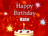 Happy Birthday Kate GIF: A bright red happy birthday gif animated with a cake candle, and glitter and sparkles. Customize with name.