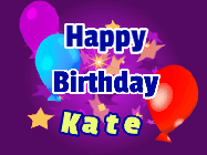 Happy Birthday Kate GIF: A lovely purple birthday gif animated with moving text, a balloon, and bubbles. Customize it.