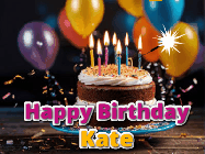 Happy Birthday Kate GIF: A birthday cake with flickering candles gif with text reading Happy Birthday and a Name slot to customize