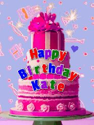 Happy Birthday Kate GIF: A big beautiful birthday cake gif with falling confetti, sparklers, and balloons, reads Happy Birthday Name. Customize it.