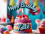 Happy Birthday Kate GIF: Animated Happy Birthday Gif reading Happy Birthday Customize. Depicts a colorful birthday with flickering candles and glitter.