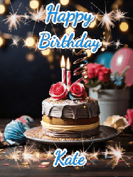 Happy Birthday Kate GIF: Sparkles and glitter happy birthday gif with a cake and flickering candles and sparklers behind the words happy birthday customize