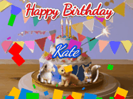 Happy Birthday Kate GIF: Happy Birthday Cake GIF with a cat, lamb, and squirrel on the cake with flickering candles, a sparkler, and falling confetti. Reads Happy Birthday Name and you can customize the name