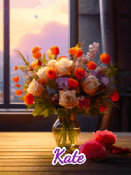 Happy Birthday Kate GIF: A vase of flowers and animated hearts pop in and out as the words Happy Birthday Name appears that you can customize