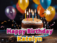 Happy Birthday Katelyn GIF: A birthday cake with flickering candles gif with text reading Happy Birthday and a Name slot to customize