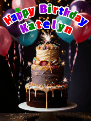 Happy Birthday Katelyn GIF: Beautiful birthday cake animated gif, a celebration of balloons, confetti, and sparklers. Customize banner and name.