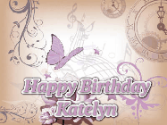 Happy Birthday Katelyn GIF: Classical birthday gif background with colorful musical notes floating past and a name you can customize, reads Happy Birthday.