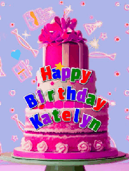 Happy Birthday Katelyn GIF: A big beautiful birthday cake gif with falling confetti, sparklers, and balloons, reads Happy Birthday Name. Customize it.