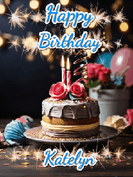 Happy Birthday Katelyn GIF: Sparkles and glitter happy birthday gif with a cake and flickering candles and sparklers behind the words happy birthday customize