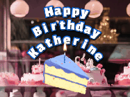 Happy Birthday Katherine GIF: A cake shop background with a slice of cake and animated candle reading Happy Birthday Customize.