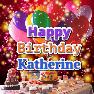 Happy Birthday Katherine GIF: Animated happy birthday gif on a bright red glittery background and 3 lines of text reading Happy Birthday Customize