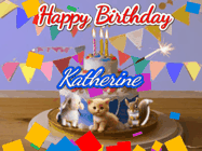 Happy Birthday Katherine GIF: Happy Birthday Cake GIF with a cat, lamb, and squirrel on the cake with flickering candles, a sparkler, and falling confetti. Reads Happy Birthday Name and you can customize the name