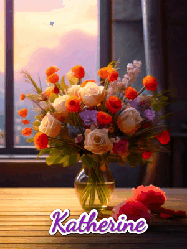 Happy Birthday Katherine GIF: A vase of flowers and animated hearts pop in and out as the words Happy Birthday Name appears that you can customize