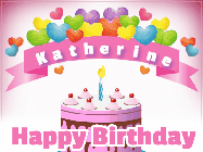 Happy Birthday Katherine GIF: A birthday animated gif with a party room in the background and cute balloons, cake, and name to customize.