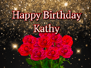 Happy Birthday Kathy GIF: A beautiful birthday gif with a bouquet of flowers and animated hearts on a black and glitter background.
