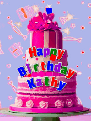 Happy Birthday Kathy GIF: A big beautiful birthday cake gif with falling confetti, sparklers, and balloons, reads Happy Birthday Name. Customize it.