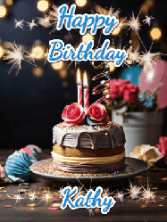 Happy Birthday Kathy GIF: Sparkles and glitter happy birthday gif with a cake and flickering candles and sparklers behind the words happy birthday customize