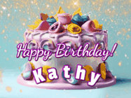 Happy Birthday Kathy GIF: A beautiful birthday cake gif with animated sparkles and glitter Happy Birthday Name you can customize