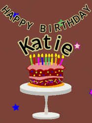 Happy Birthday Katie GIF: Animated birthday gif of a chocolate cartoon cake and stars. Animated text can be customized with name.