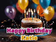 Happy Birthday Katie GIF: A birthday cake with flickering candles gif with text reading Happy Birthday and a Name slot to customize