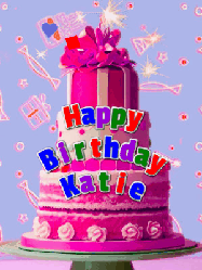 Happy Birthday Katie GIF: A big beautiful birthday cake gif with falling confetti, sparklers, and balloons, reads Happy Birthday Name. Customize it.