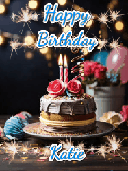 Happy Birthday Katie GIF: Sparkles and glitter happy birthday gif with a cake and flickering candles and sparklers behind the words happy birthday customize
