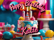 Happy Birthday Katie GIF: Animated birthday gif with a beautiful colorful birthday can and sparkles in the air. It reads Happy Birthday Customize.