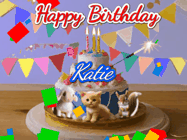 Happy Birthday Katie GIF: Happy Birthday Cake GIF with a cat, lamb, and squirrel on the cake with flickering candles, a sparkler, and falling confetti. Reads Happy Birthday Name and you can customize the name