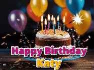 Happy Birthday Katy GIF: A birthday cake with flickering candles gif with text reading Happy Birthday and a Name slot to customize