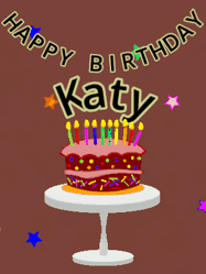 Happy Birthday Katy GIF: Animated birthday gif of a chocolate cartoon cake and stars. Animated text can be customized with name.