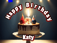Happy Birthday Katy GIF: Animated happy birthday gif with a cake and flickering candles with colorful falling confetti and text reading Happy Birthday