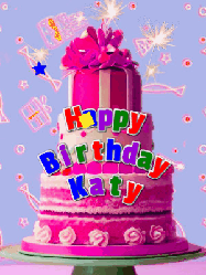 Happy Birthday Katy GIF: A big beautiful birthday cake gif with falling confetti, sparklers, and balloons, reads Happy Birthday Name. Customize it.
