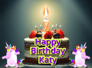 Happy Birthday Katy GIF: An animated gif with 2 unicorns and a birthday candle on a cake.