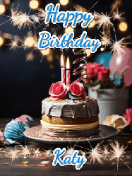 Happy Birthday Katy GIF: Sparkles and glitter happy birthday gif with a cake and flickering candles and sparklers behind the words happy birthday customize