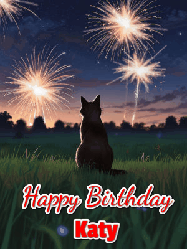 Happy Birthday Katy GIF: An animated gif at night showing the backside of a sitting cat who watches sparkle and fireworks over a meadow. Customize name and happy birthday.