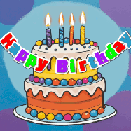 Happy Birthday Katy GIF: Festive birthday cake GIF with name, stars, hearts, and confetti streaking past and flickering candles.