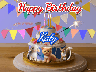 Happy Birthday Katy GIF: Happy Birthday Cake GIF with a cat, lamb, and squirrel on the cake with flickering candles, a sparkler, and falling confetti. Reads Happy Birthday Name and you can customize the name