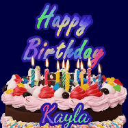 Happy Birthday Kayla GIF: A dark blue birthday gif with a beautiful cake with flickering candles, background sparkles and a name to customize.
