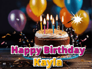 Happy Birthday Kayla GIF: A birthday cake with flickering candles gif with text reading Happy Birthday and a Name slot to customize