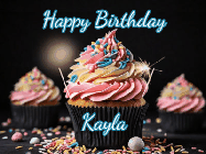 Happy Birthday Kayla GIF: A delicious cupcake gif with animated sparkles reading Happy Birthday with a name to customize