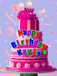Happy Birthday Kayla GIF: A big beautiful birthday cake gif with falling confetti, sparklers, and balloons, reads Happy Birthday Name. Customize it.